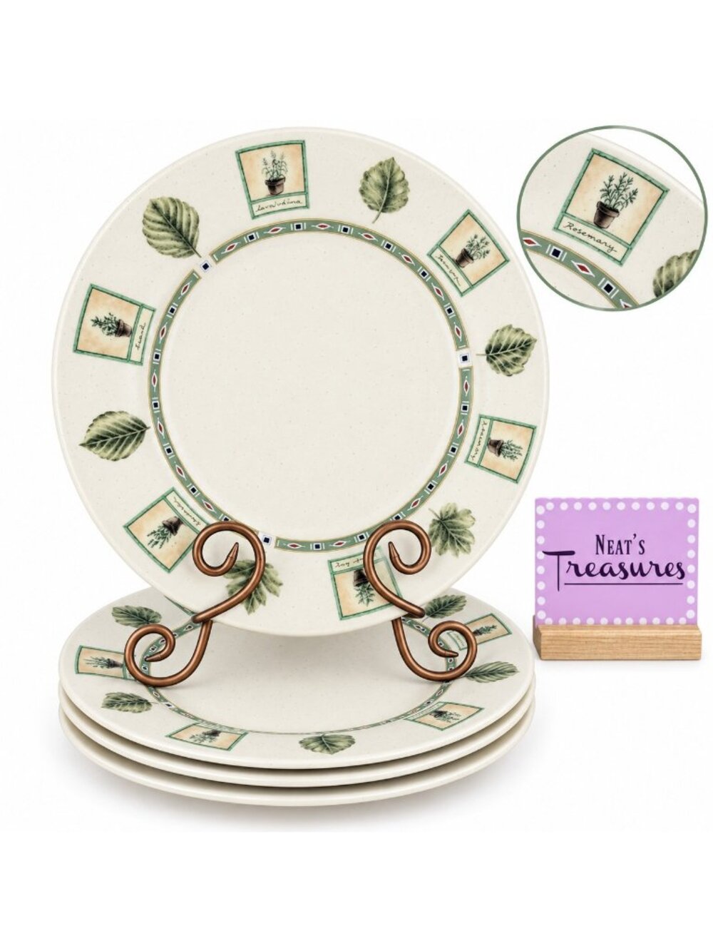 Pfaltzgraff NATUREWOOD Leaves Herbs Garden Tools Stoneware Dinner Plates Set 4